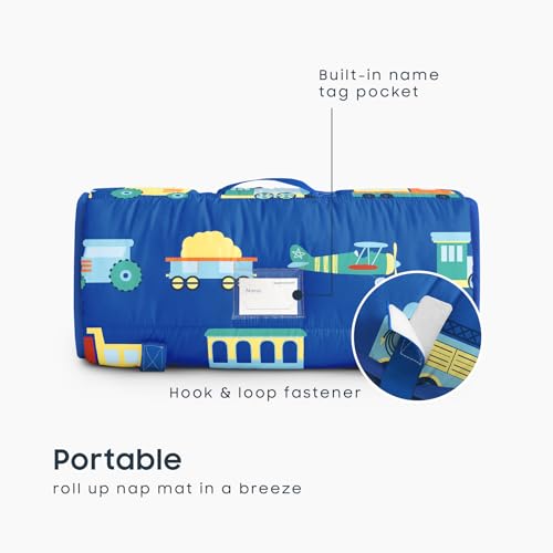 Image of Wake In Cloud - Toddler Nap Mat with Pillow and Minky Fleece Blanket, for Kids Boys Ages 3 Plus in Daycare Preschool Kindergarten, Roll Up Sleeping Bag, Planes Trains Trucks