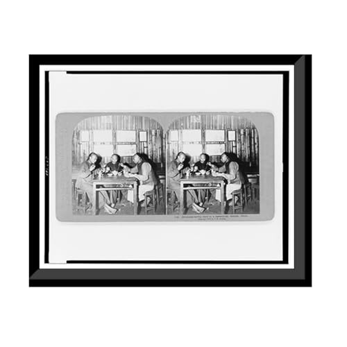 Chinamen eating chow in a restaurant, Canton, China Heritage Wall Art Print | Black & White Historic Photo | Framed Wall Art Gift | 17x22
