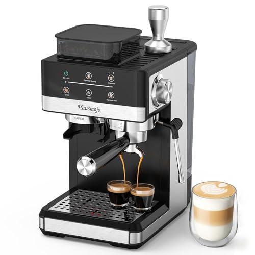 Hausmojo Espresso Machine with Grinder, 20Bar Expresso Coffee Machines with Milk Frother, Professional Compact Stainless Steel Coffee Maker for Espresso, Latte & Cappuccino, Perfect for Home Use