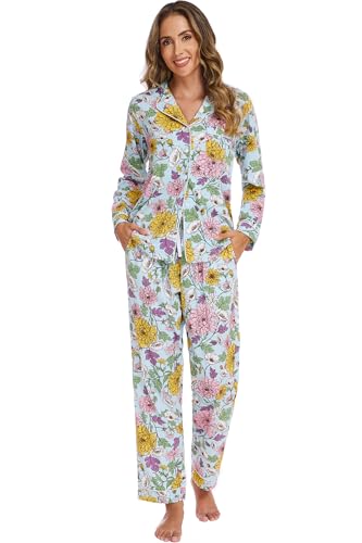 Image of LUBOT 100% Cotton Pajamas for Women Pajama Set 2 Piece PJ Sleepwear Set Soft Ladies Button Knit Long Sleeve Loungewear XS-XXL