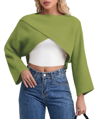 Joe Wenko Women's Boat Neck Sweater Long Sleeve Cross Wrap Asymmetrical Hem Cropped Pullover Jumper Tops2