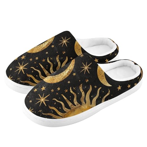 Golden Sun Moon Stars Boho on Black Mens House Cotton Slipper Wide Memory Foam Indoor Shoes for Indoor Funny Presents 6-74