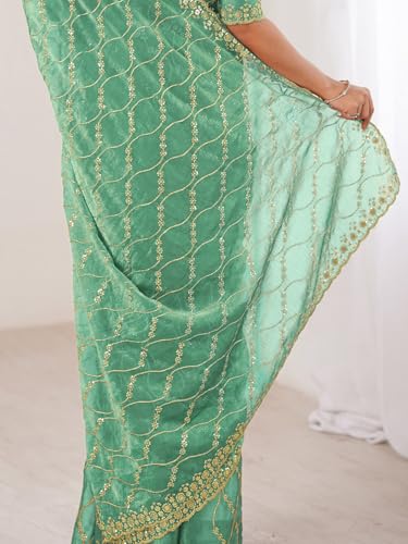 Image of AKHILAM Women's Shimmer Chiffon Heavy Sequence Embroidery Work Saree With Unstitched Blouse Piece (VT798A VM Parent)