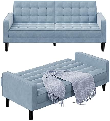 Walsunny Velvet Futon Sofa Bed, Upholstered Sleeper Sofa Modern Loveseat Couch, Fold Up/Down Adjustable Sleeper Sofa for Living Room, Bedroom, Apartment(Light Blue)