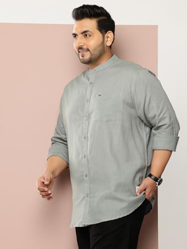 Image of Thomas Scott Men's Solid Cotton Linen Casual Shirt | Full Sleeve | Regular Fit | Mandarin Collar