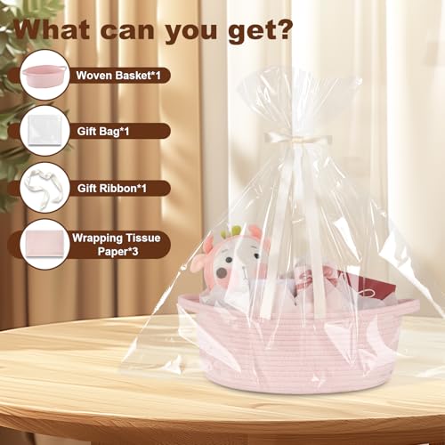 Image of OIAHOMY Gift Basket with Handle, 13.4 inchx 10 inchx 5.5 inch Woven Basket with Gift Bag, Ribbon and Wrap Tissue Paper, Nursery Bins Empty to Fill with Towels, Baby, Pet Toy Organizer - Pink