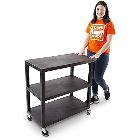 Stand Steady Flat Top Utility Cart by Tubstr | Heavy Duty Service Cart Supports 400 lbs. | Three Shelf Multipurpose Cart Perfect for Home, Garage, Catering, Warehouse & More! (Black / 35 x 18) Cover