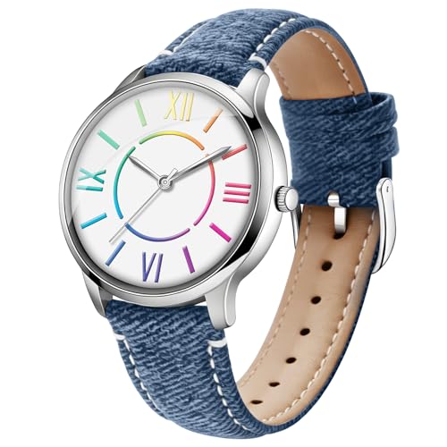 Bisley Fashion Analog Watch for Women Colorful Roman Numerals Dial Blue Denim Leather Watch Waterproof