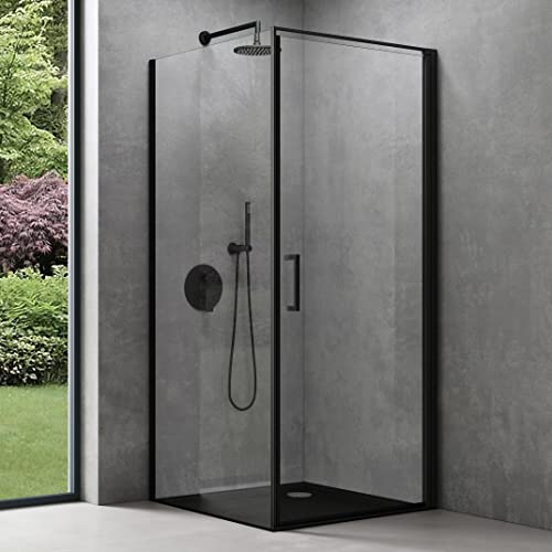 doporro Cabine de Douche en Angle Montage réversible Noir 90x90x195 Paroi de Douche Design Ravenna36K-Plus Porte Pivotante Autolevante en Verre Transparant de...