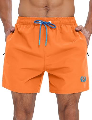 APTRO Herren Badehosen Schnelltrocknend Boardshorts Reißverschlusstaschen Badeshorts mit Mesh-Futter Einfarbig Sport Shorts Orange XL
