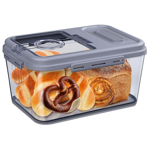 Gifhomfix Bread Box Airtight Bread Container for Homemade, Clear Bread Storage for Kitchen Countertop, Time Recording Bread Holder, Bread Keeper with Lid for Toast, Bagel, Donut and Cookies, Grey, S