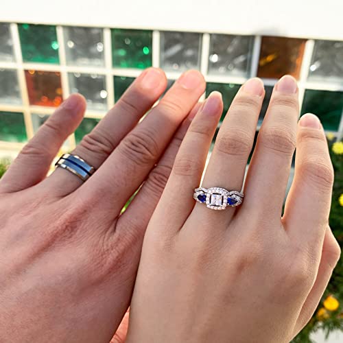 SHELOVES Wedding Rings Set for Couple Womens Cz Sterling Silver Mens Blue Tungsten Bands Him and Her4