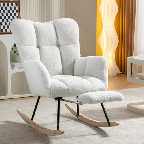 Image of FOXHUNTER Nursery Rocking Chair, Teddy Upholstered Glider Rocker with Adjustable Footrest, Rocker Recliner Chair with High Backrest, Glider Recliner, Reading Chair for Bed Room (Ivory)