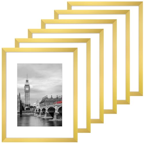 Fixwal 8x10 Picture Frame Set of 6 with Shatter Resistant Plastic Glass Thin Border and Light Weight Photo Frames for Wall or Tabletop Display Gold