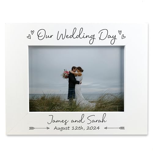 Image of Red Ocean Personalised Wedding Day Photo Frame Gift, Customised With Names and Date, Wedding Keepsake Gifts For Husband and Wife, Personalised White 7x5 Wooden Photo Frame, Mr and Mrs Gifts