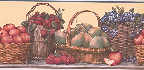 Concord WALLCOVERINGS ™ Harvest Fruit Basket Wallpaper Border, 9.125" x 15' Rustic Kitchen Decor with Red Apples, Strawberries, Grapes & Pears for Farmhouse Style #RC005162B