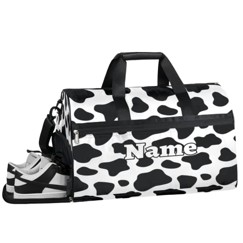 Cow Print Personalized Monogrammed Gym Duffel Bag with Shoe Compartment Cow Print Large Sport Gym Bags Overnight Travel Bags Weekender Bag with Custom Name & Text