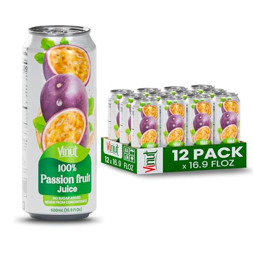 Image of VINUT 100% Passion Fruit Juice, No Added Sugar, Not From Concentrate, 16.9 fl oz (500 mL) Can, Pack of 12