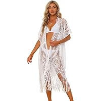 Allegra K Cárdigan de Encaje para Mujer, Malla Transparente, para Playa Larga Blanco M