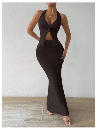 Image of SOLY HUX Women's Two Piece Outfits Twist Front Halter Cami Tops and Skirt Summer Set