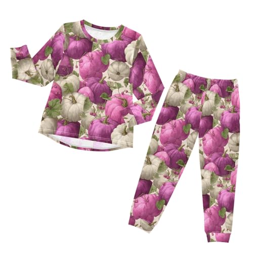 Purple White Pumpkins Fall Soft Pajama Set for All Seasons,Breathable Pjs Long Sleeve Sleepwear,Comfy Loungewear 2 Piece Underwear Set 8T