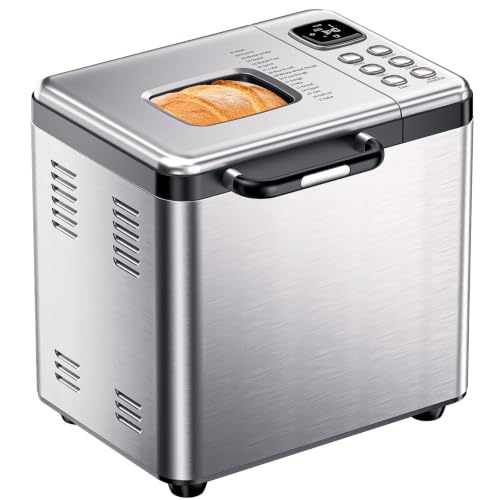 Bread Maker, 2LB Stainless Steel Bread Machine, 17-in-1 Automatic Settings, Non-Stick Pan, Beginner-Friendly Controls, Easy to Clean, Low Noise, High Success Rate for Homemade Bread