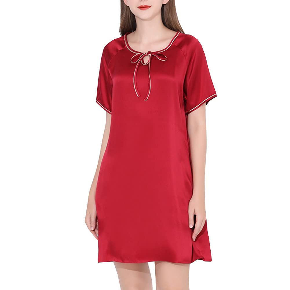 Valin Mujer Rojo Oscuro Simple 100% Seda Pijama Vestido Camisón Camisón Manga Corta 19 Momme Pijama de Seda L,S5684
