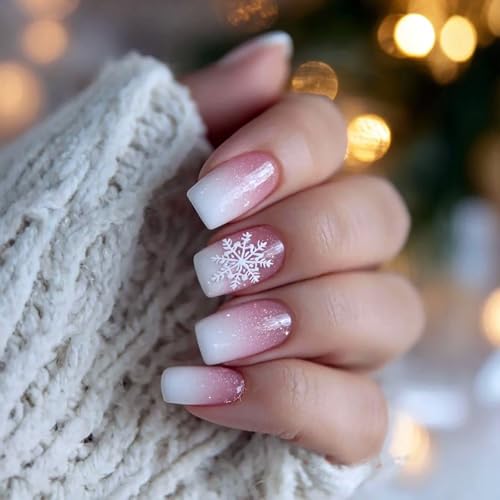 24Pcs Blue Pink Square Press on Nails Christmas Fake Nails with G...