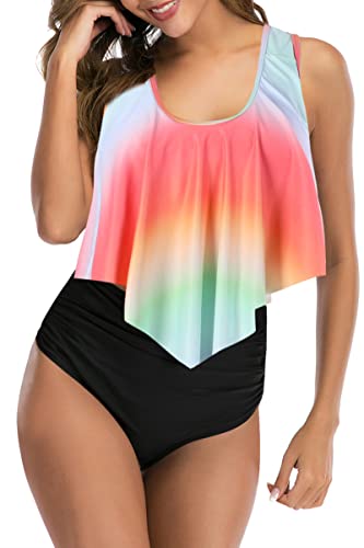 Image of Women High Waisted Bikini Swimsuit Flounce Vintage 2 Piece Bathing Suits | Vintage,tummy control,two piece bathing suits,plus size,swimwear,ruffled,tankini top,bikini bottom