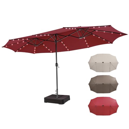 RELAX4LIFE Ombrellone Doppio da Giardino con Base 450 x 260 cm, Parasole con Luci LED e Manovella, Tetti Ventilati per Patio, Cortile, Ristorante (Bordeaux-Luci+Base)