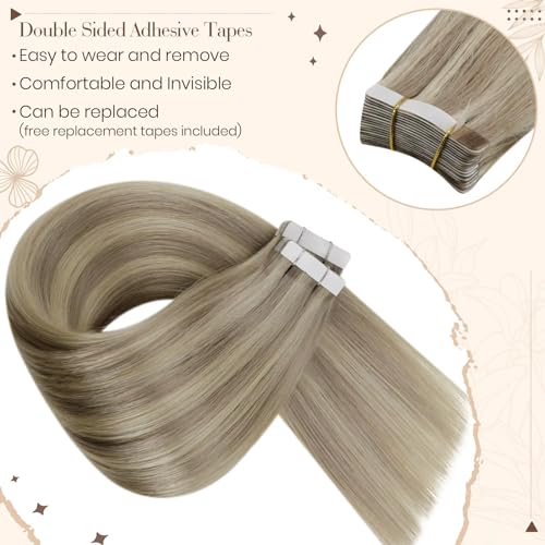 Hetto Tape in Hair Extensions Human Hair Golden Blonde Highlights 22 Inch, Invisible Tape in Human Hair - Image 3