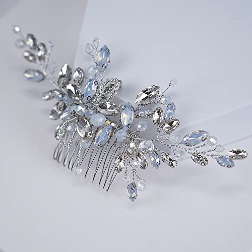 Teyglen Dainty Crystal Bridal Wedding Hair Comb Sparkly Silver Opal Rhinestone Hair Pieces Hair Accessories Bridal Side Comb Headpieces For Women Bride Girls #TOP3