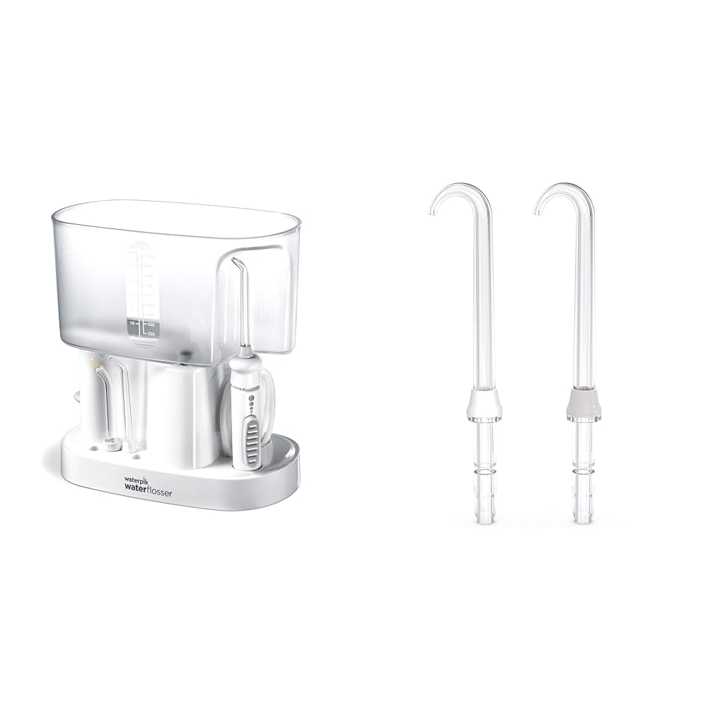 Waterpik Water Flosser Classic Professional WP 72, Countertop Oral Irrigator, White & DT-100E Implant Denture Replacement Tips Water Flosser Tip Replacement, Clear, 2 Count