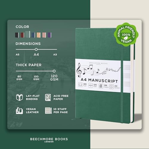 Beechmore Books Notenbuch A4 (21,6 × 29 cm) – 156 Seiten, 120 g/m² | Hardcover aus Veganleder, Perforierte Notenzeilen, Lay-Flat, Geschenkbox für Musiker, Komponisten, Lehrer