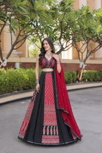Image of Women's Semi Stitched Lehenga Choli Set in French Crepe | Printed Work Real Mirror Blouse | Georgette Dupatta with Lace Border | Festive Wedding Party Ethnic Outfit