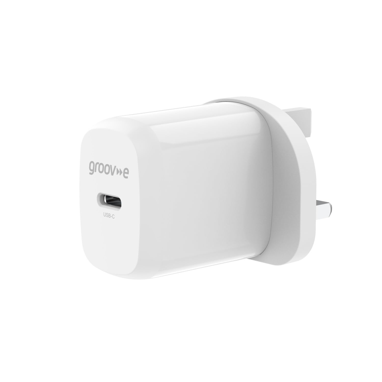 Groov-e USB-C Wall Charger 25W - Single Port Power Delivery GaN UK Plug Adaptor for Smartphones, Tablets, and Laptops - White