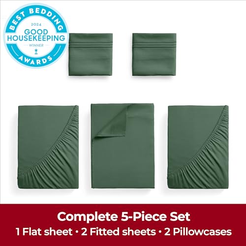 Image of Mellanni Extra Deep Split King Sheets - 5 PC Iconic Collection Bedding | Hotel Luxury, Ultra Soft, Cooling Bed Sheets - Wrinkle, Fade, Stain Resistant (Split King, Emerald Green)