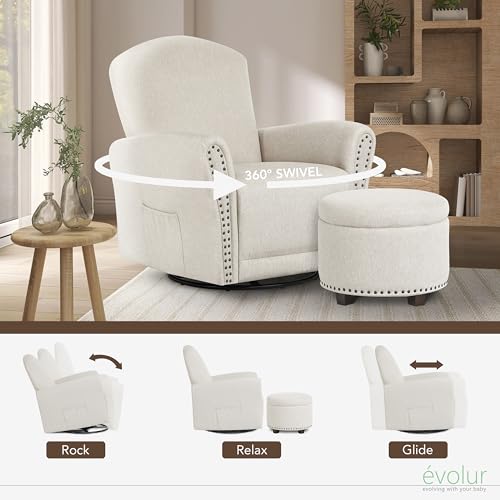 Image of Evolur Vienna Swivel Glider with Ottoman, FSC Certified, Greenguard Gold and JPMA Certified Glider Rocking Chair, 360 Swivel Motion, Ergonomic Design Nursery Glider, Sweet Cream