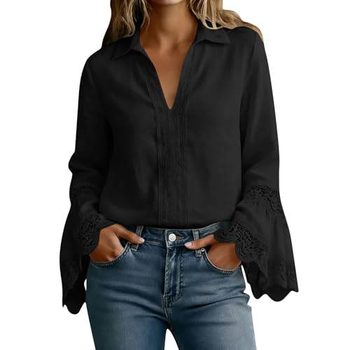 Hnodov Women's Cute Cotton Linen Shirts Bell Long Sleeve Lace