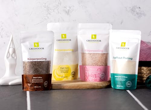 GREENDOOR Peeling do ciała olejek kokosowy VIRGIN 220 g, z rodzimym olejkiem kokosowym, naturalny zapach kokosa, naturalny peeling bez perfum, przeciwstarzeniowy, kokosowy cukier scrub przeciwko cellulitowi, wegańskie kosmetyki naturalne