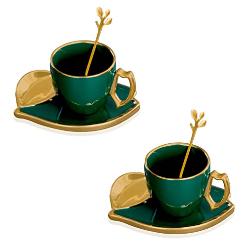 Winlauyet Lot de 2 tasses en porcelaine avec poignée en forme de feuille - Tasse à expresso avec soucoupes et cuillère - 165 ml