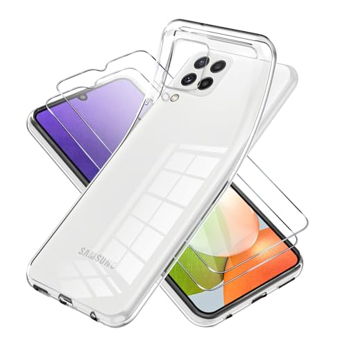 Vauki Funda para Samsung Galaxy A22 4G Transparente con 2 Cristal Templado,Carcasa Silicona TPU Suave Ultra Fina TPU Anti-Amarillo Anti- Arañazos Antigolpes Case Cover para Samsung Galaxy A22 4G