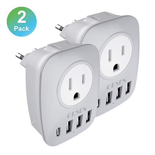 European Travel Plug Adapter, International Power Adaptor with 1 USB C Compatible with iPhone 11/11 Pro / 11 Pro Max, 2 USA Outlets and 3 USB Ports, 6 in 1 US to Europe plug adapter (Type C)[2-Pack]