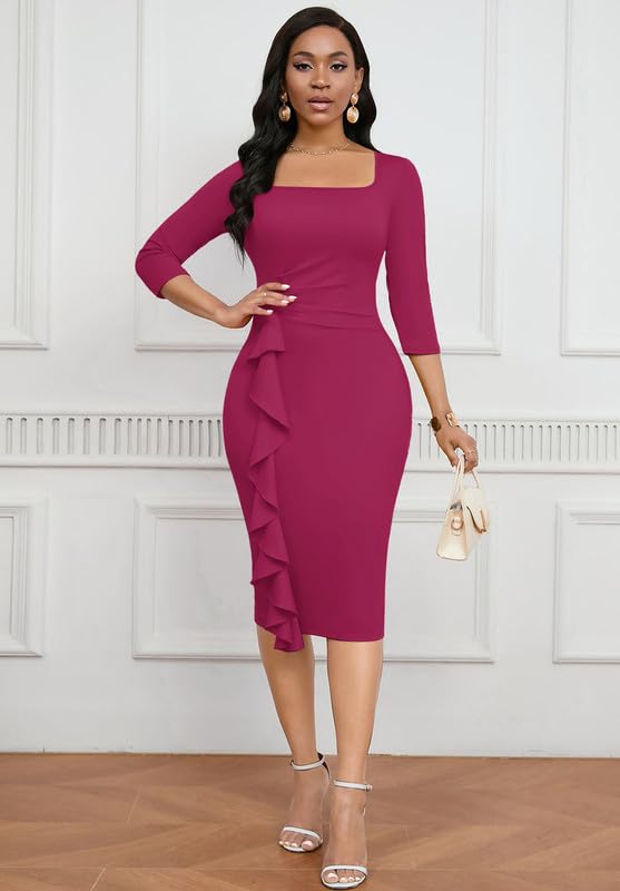 Image of MarryUP Womens Work Dresses Elegant Square Neck 3 /4 Sleeve High Waist Bodycon Ruffle Vintage Church Pencil Midi Dress
