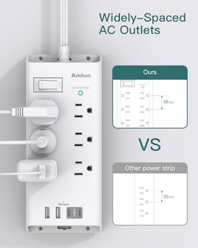 Power Strip Surge Protector - Addtam 10Ft Long Extension Cord with 6 Outlets and 4 USB Ports(2USB C), Flat Plug Overload Surge Protection Outlet Strip, Wall Mount for Home, Office and More - 5