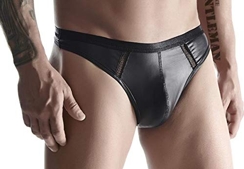 Regnes Fetish Planet Schwarzer Wetlook Herren String dehnbar Blickdicht mit Gummi Bund Männer Dessous Slip XL Cover