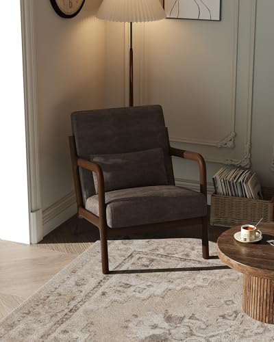 Garvee Mid-Century Modern Accent Chair, Chenille Upholstery, Solid Wood Armchair with Removable Lumbar Pillow, Sturdy Reading Chair for Living Room, Bedroom, Guest Room, Easy Assembly, Brown