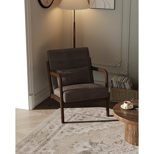 Garvee Mid-Century Modern Accent Chair, Chenille Upholstery, Solid Wood Armchair with Removable Lumbar Pillow, Sturdy Reading Chair for Living Room, Bedroom, Guest Room, Easy Assembly, Brown