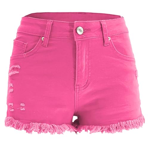 Image of DINGJIUYAN Women's High-Waisted Denim Shorts with Studded, Stretchy Slim-Fit Pink Jeans Shorts for Party & Daily Wear