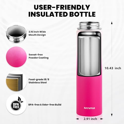 Image of RAYMYLO Insulated Water Bottle 24 oz, Triple Wall Vacuum Stainless Steel (Cold for 24Hrs, Hot for 12Hrs), Leak Proof & Non-BPA, Modern Water Flask Jug with Paracord Handle & Straw Spout Lids